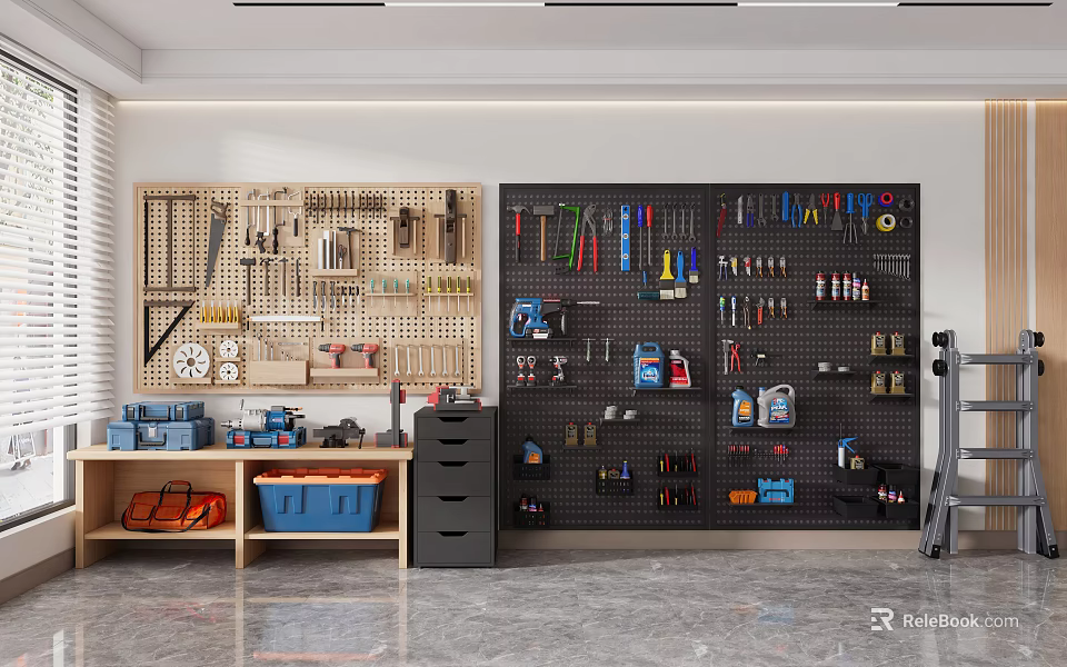 Organized Hardware Tools With Various Types On Wall Mounted Storage In Workshop Workspace 3d model 