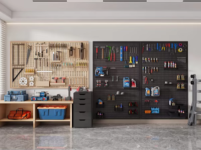 Organized Hardware Tools With Various Types On Wall Mounted Storage In Workshop Workspace 3d model