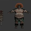 Mythical Character With Plump Body Feathered Headdress Green Red Ornaments Traditional Attire and Ornate Staff