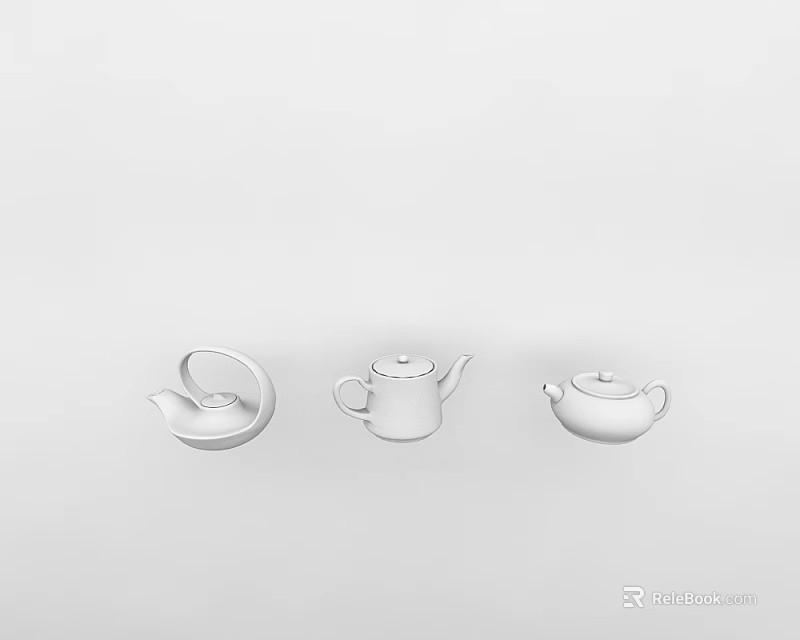 Minimalist Ceramic Tea Set Featuring Three Modern Teapot Designs On White Surface 3d model 