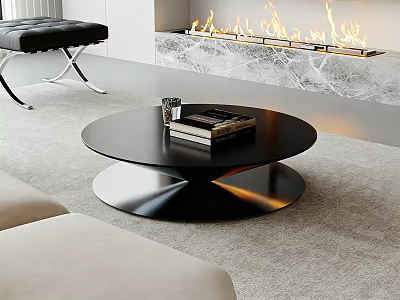 Modern Black Round Coffee Table In Living Room With Books And Cup Fireplace And Sofa 3d model