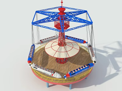 Colorful Rotating Swing Ride With Blue Frame Red Top Circular Base And Striped Hanging Seats 3d model