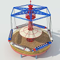 Colorful Rotating Swing Ride With Blue Frame Red Top Circular Base And Striped Hanging Seats
