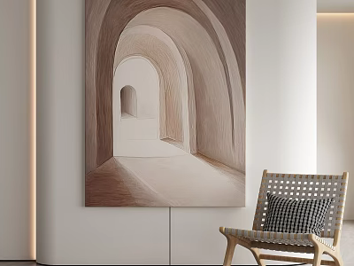 Minimalist Interior With Archway Tunnel Painting Wooden Woven Chair And Black White Checkered Cushion 3d model