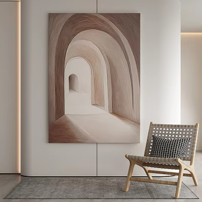 Minimalist Interior With Archway Tunnel Painting Wooden Woven Chair And Black White Checkered Cushion 3d model