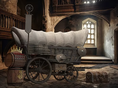 Medieval Interior With Old Carriage Wooden Barrels Chests And Arched Window 3d model