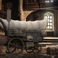Medieval Interior With Old Carriage Wooden Barrels Chests And Arched Window