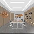 Modern Office Meeting Room with Long Conference Table Chairs Bookshelves Green Plant Motivational Wall Art