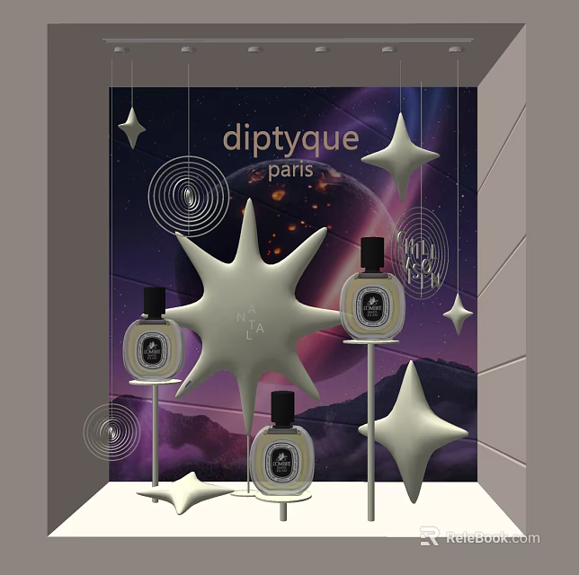 Diptyque Paris Shop Window With Star Shaped Decorations Purple Background And Perfume Bottles 3d model 