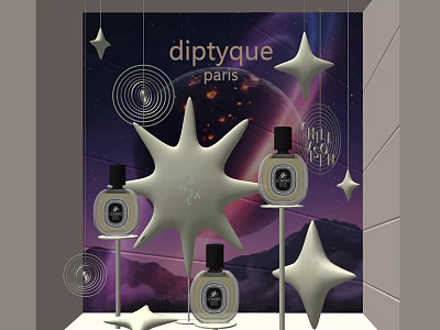 Diptyque Paris Shop Window With Star Shaped Decorations Purple Background And Perfume Bottles 3d model