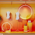 Fashion Clothing Store Window Display With White Mannequins Circular Light Rings And Potted Plant