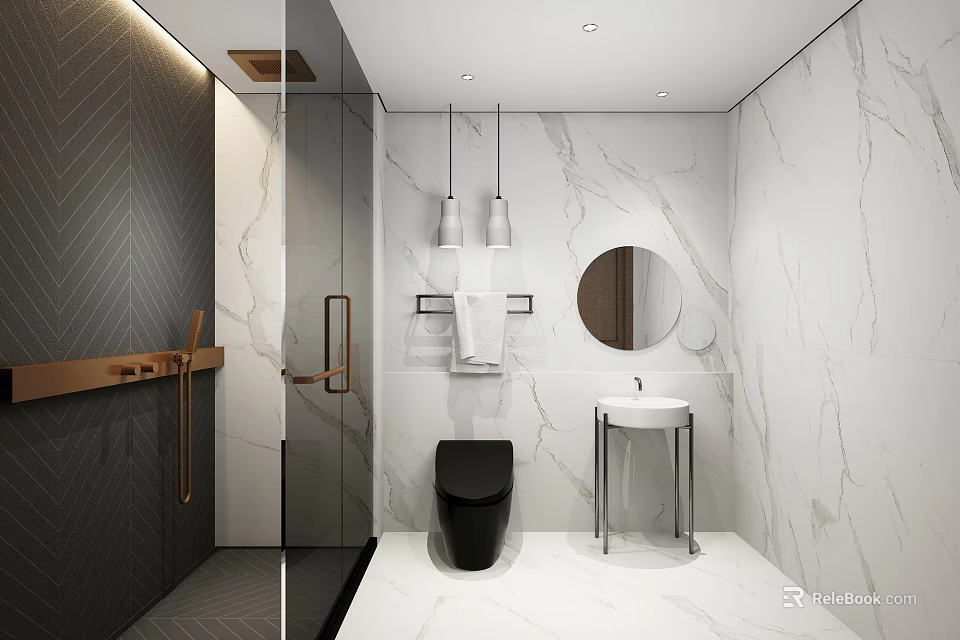 Modern Bathroom With Marble Walls Glass Shower Black Toilet And Round Mirror 3d model 