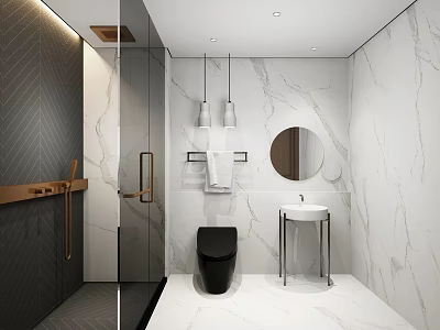 Modern Bathroom With Marble Walls Glass Shower Black Toilet And Round Mirror 3d model