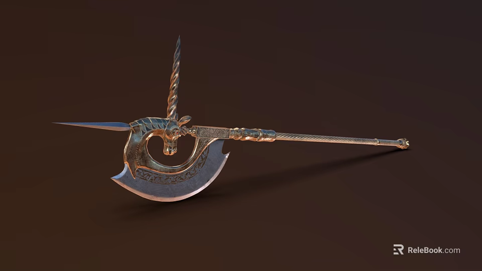 Ornamental Long Handled Weapon With Metallic Finish Curved Blade And Spiked Tip 3d model 