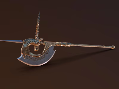 Ornamental Long Handled Weapon With Metallic Finish Curved Blade And Spiked Tip 3d model