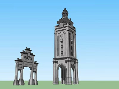 Classical Stone Tower With Arched Base And Adjacent Traditional Archway Structure 3d model