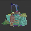 Modern Industrial Scene On Rocky Platform With Wooden Crane Ladder Barrels And Tarpaulin