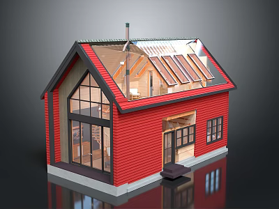 Red House Exterior With Large Windows Solar Panel Roof Chimney And Wooden Accents 3d model