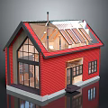 Red House Exterior With Large Windows Solar Panel Roof Chimney And Wooden Accents