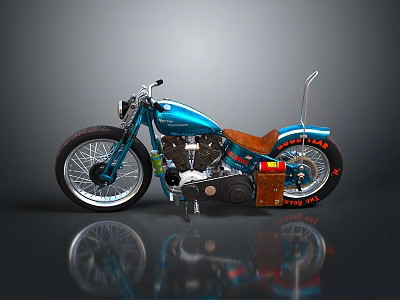 Blue Custom Motorcycle With Brown Leather Seat And Red Lettering On Tires 3d model