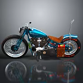 Blue Custom Motorcycle With Brown Leather Seat And Red Lettering On Tires