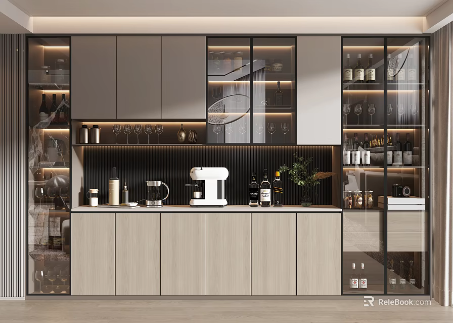 Modern Wine Cabinet With Glass Doors LED Lighting And Wooden Storage Design 3d model 