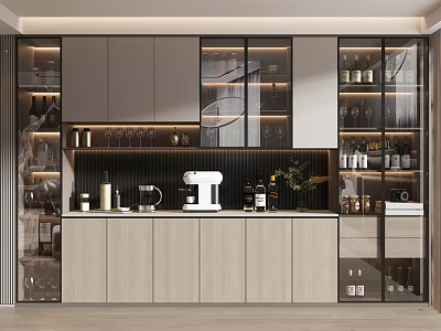 Modern Wine Cabinet With Glass Doors LED Lighting And Wooden Storage Design 3d model