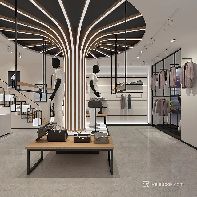 Modern Clothing Store Interior Design With Mannequins Displayed Clothes Clothing Racks And Lighting 3d model 