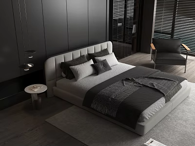 Modern Gray Double Bed With Accent Chair Round Side Table And Roller Blinds 3d model
