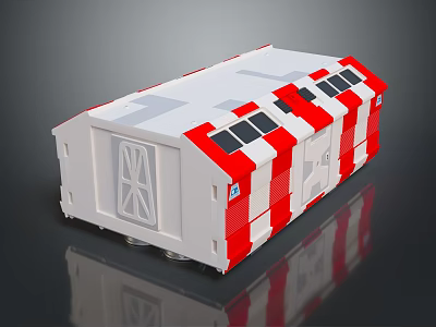 Cartoon Scene Featuring White Red Striped Vehicle Model With Windows And Door 3d model