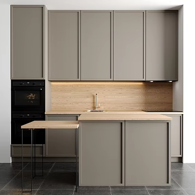 Modern Grey Kitchen Cabinets With Wooden Backsplash And Built In Oven 3d model