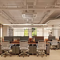 Modern Conference Room Interior With Long Table Orange Chairs And Wooden Slatted Ceiling