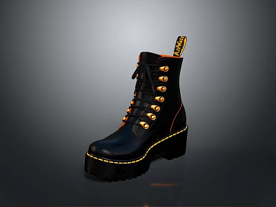 Black Stylish Ankle Boots With Golden Eyelets Yellow Stitching And Label 3d model