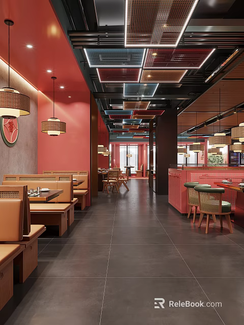 Cozy Hotpot Restaurant Interior With Red Walls Wooden Tables And Hanging Lamps 3d model 