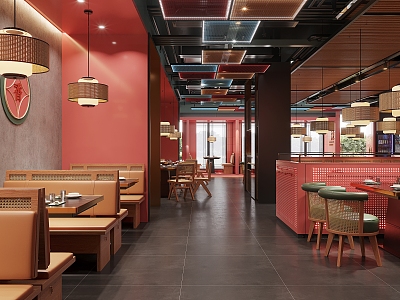 New Chinese-style Hot Pot Shop Hot Pot Restaurant Chinese Restaurant Dining Table and Chair Combination Hot Pot Card Seat Sofa Chinese-style Dining Chair Fire Boiler Integrated Table Rattan-weaving Dining Chair Tableware 3d model
