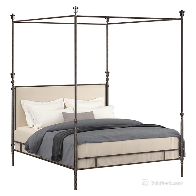 Modern Four Poster Double Bed With Metal Frame Upholstered Headboard And Gray Beige Bedding 3d model 