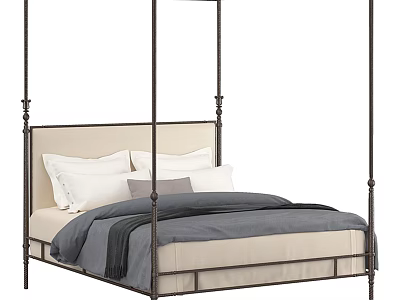Modern Four Poster Double Bed With Metal Frame Upholstered Headboard And Gray Beige Bedding 3d model