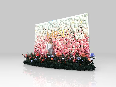 Colorful Floral Wall With VOGUE Lettering And Person Standing In Front 3d model