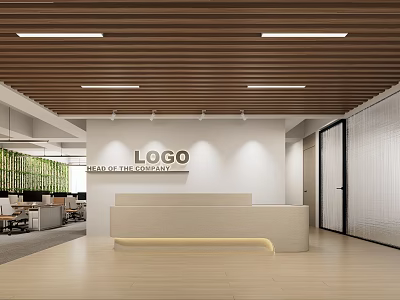 Modern Office Reception Desk With Wooden Ceiling White Wall Logo Green Plants And Open Area 3d model