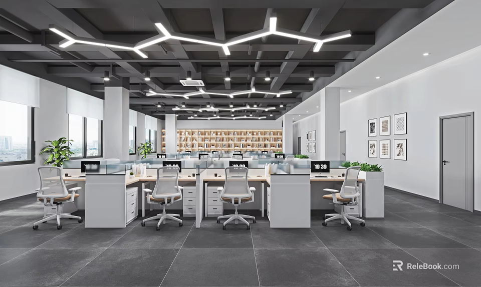 Modern Public Office Space With Open Workstations Ceiling Lights And Green Plants 3d model 