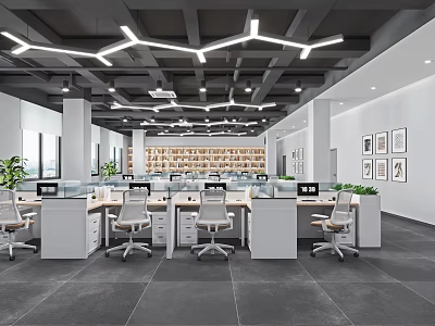 Modern Public Office Space With Open Workstations Ceiling Lights And Green Plants 3d model