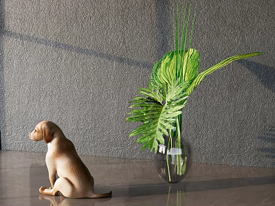 Detailed Reptile Sculpture Ornament With Glass Vase And Green Foliage Plants 3d model
