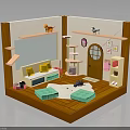 Miniature Room Furniture with Sofa Shelves Window Door Yellow Pillows and Green Cushions