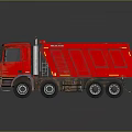 Red Mercedes Dump Truck With Large Cargo Bed And Multiple Wheels On Shiny Surface