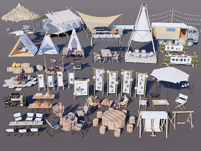 Outdoor Camping Equipment With Tents Tables Chairs Food Truck And Decorative Flags 3d model