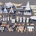 Outdoor Camping Equipment With Tents Tables Chairs Food Truck And Decorative Flags