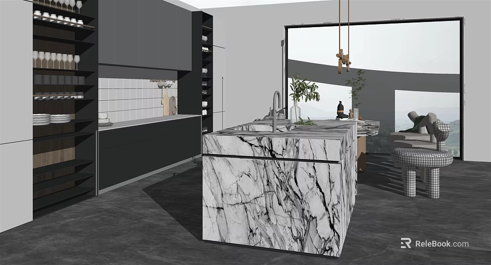 Modern Dining Set With Marble Island And Kitchen Cabinets In Open Layout 3d model