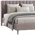 Modern Upholstered Double Bed Design With Striped Pillows Throw Blanket And Wooden Legs