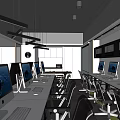 Public Office Area Featuring Long Tables Multiple Computers Ergonomic Chairs And Hanging Lights 3d model