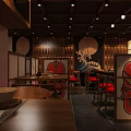 Traditional Japanese Restaurant Interior With Red Seats Wooden Tables And Hanging Lanterns